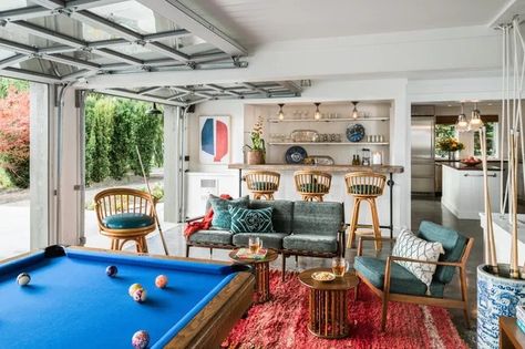 7 Garage Game Room Ideas That Will Help You Play All Day Hoedemaker Pfeiffer, Garage Playroom, Garage Game Rooms, Garage Party, Garage To Living Space, Basement Games, Queen Bunk Beds, Garage Room, Converted Garage