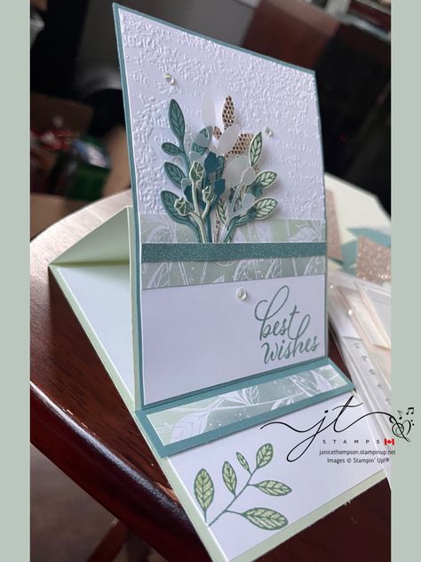 I made this easel fold card using Stampin’ Up!’s Layering Leaves stamp set & the Bough punch. Inspiration for this card was from Susan Campfield. Stampin Up Layering Leaves Cards, Stampin Up Layering Leaves, Layering Leaves Stampin Up Cards, Timeless Arrangements, Susan Campfield, Rachel Tessman, Plant Cards, Irresistible Blooms, Spring Stamps