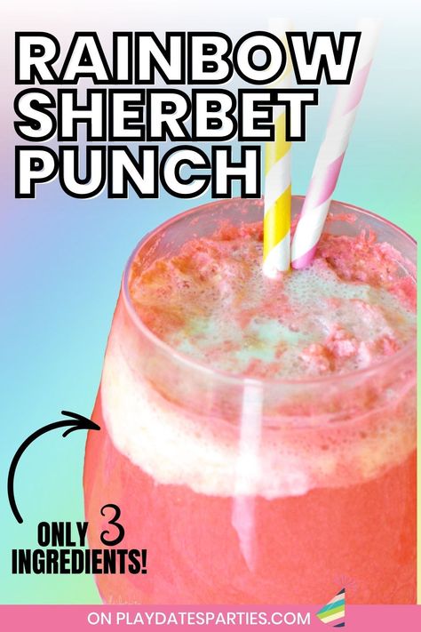 Rainbow Sherbet Punch is such an easy recipe to make! You only need 3 ingredients and 5 minutes to make a big batch of this colorful and delicious party punch. Make it with Sprite or Ginger Ale for the perfect non-alcoholic drink to serve at birthday parties, baby showers, bridal showers, Christmas, St. Patrick's Day or any time you want to add a little color and fun to your celebration. Fairy Fizz Punch Recipe, The Best Party Punch Ever, Punch With Ginger Ale Non Alcoholic, Sprinkle Punch Recipe, Birthday Party Punch Recipes Non Alcoholic, Easy Birthday Punch Recipes, Small Batch Punch Recipe, Sherbet Sprite Punch, Easy Red Punch Recipe