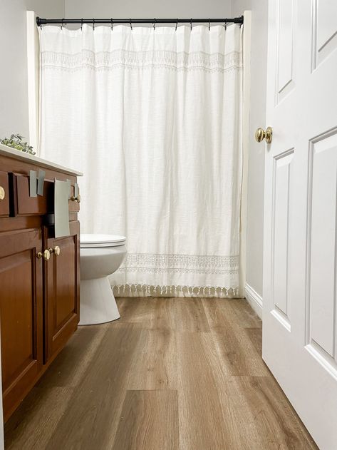 Guest Bathroom Renovation - The Floors are IN!!! - Liz Pacini Wood Vinyl Bathroom Floor, Vinyl Plank In Bathroom, Duralux Vinyl Flooring, Waterproof Vinyl Plank Flooring Bathroom, Bathroom Vinyl Flooring Ideas, Luxury Vinyl Plank Bathroom, Wood Floor Bathroom Ideas, Vinyl Plank Flooring Bathroom, Laminate Flooring Bathroom