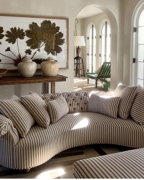 Pamela Pierce, Couch Aesthetic, Striped Couch, Timeless Interior, Timeless Interiors, Cottage Interior, Hello Lovely, Southern Home, Living Room Inspo