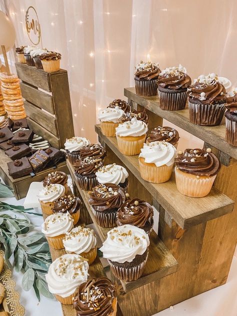 Wood Tiered Cupcake Stand, 2 Tier Cupcake Stand, How To Display Cupcakes On A Table, Cupcake Table Display Graduation, Wood Cupcake Display, Wood Dessert Display, Cupcake Wood Stand, Island Theme Dessert Table, Wooden Cupcake Display