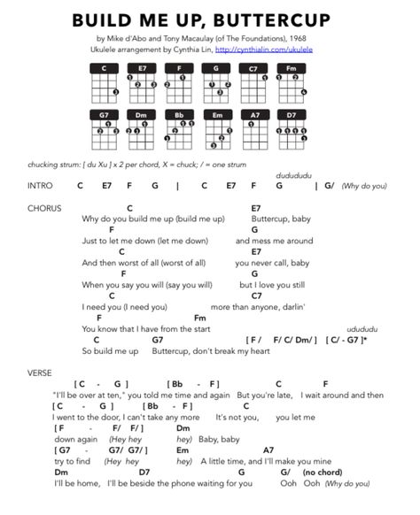 Build Me Up Buttercup, Cynthia Lin Cynthia Lin Ukulele, Ukelele Painted, Build Me Up Buttercup, Ukulele Fingerpicking Songs, Ukulele Tabs Songs, Uke Chords, Chords Ukulele, Ukelele Chords Ukulele Songs, Ukulele Fingerpicking