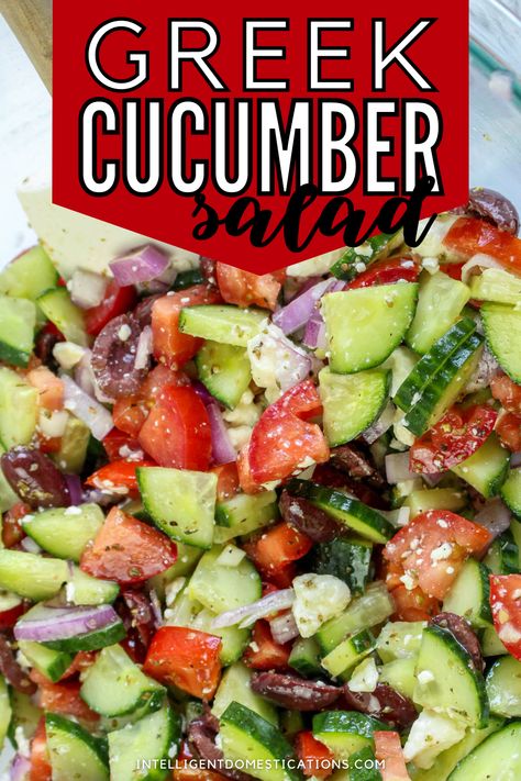 cucumbers, tomatoes, olives, red onions and feta tossed in an oil vinaigrette in a serving bowl Greek Tomato And Cucumber Salad, Greek Cucumber Tomato Salad, Greek Cucumber Salad, Cucumber Feta Salad, Feta Salad Recipe, Cucumber Tomato Salad, Fresh Salad Recipes, One Dish Dinners, Cucumber Recipes Salad