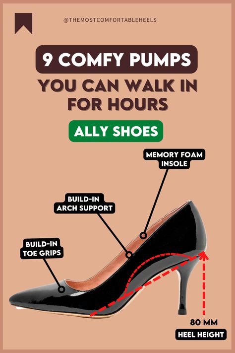 In this post you can see a pair of pump heels by Ally Shoes. In this post you can see why Ally Shoes are comfortable pumps. Ally shoes pumps are comfortable because of their pumps with memory foam insoles, build-in arch support, buid-in toe grips and 3.5 inch which is 80 mm heel height. These pumps are made for walking so you can wear your pumps confidently without pain. Comfortable Pumps For Work, Work Heels Comfortable, Work Heels Women, Comfortable High Heel Shoes For Women, How To Make High Heels More Comfortable, Black Pumps Heels Outfit, Classic Pumps Heels, Comfy High Heels, Comfy Black Heels