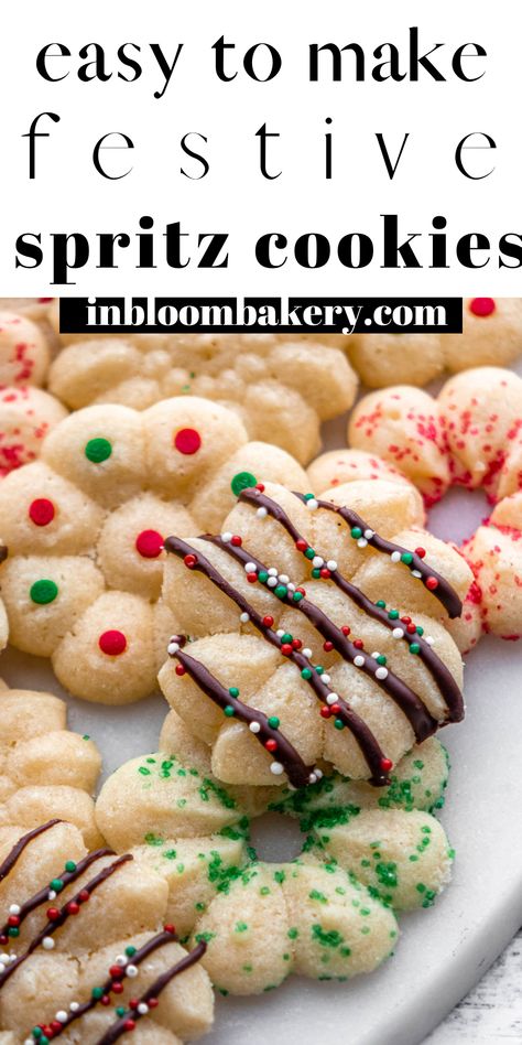 Easy, classic, buttery, melt in your mouth spritz cookies with simple sprinkle decoration. Spritz Cookie Press, 100 Cookies Recipe, Christmas Spritz Cookies, In Bloom Bakery, Bloom Bakery, Spritz Cookie Recipe, Peppermint Sugar Cookies, Ultimate Cookies, Homemade Cheesecake