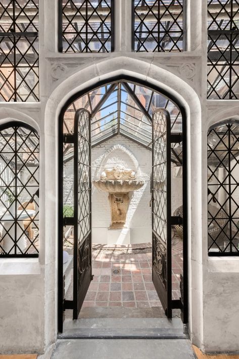 Gothic Gramercy Park townhouse of late fashion designer Oleg Cassini asks $13.95M Street Townhouse, Gramercy Park, Oleg Cassini, Coffered Ceiling, Stone Decor, Stone Flooring, Stained Glass Windows, Old House, 50 Years