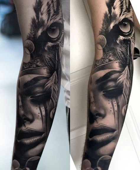 Female Portrait Tattoo Sleeve, Realism Tattoo Animal, Black And Grey Cover Up Tattoo, Tattoo Realism Design, Half Sleeve Tattoos Wolf, Red Indian Tattoo, Woman Face Tattoo, Owl Forearm Tattoo, Tato Realis