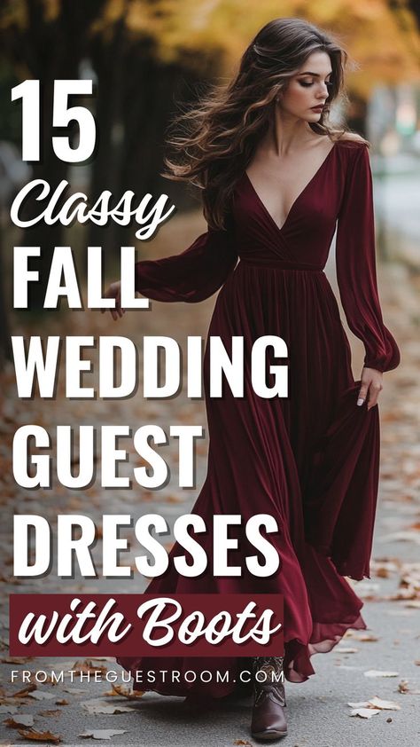 a woman wears a fall wedding guest dress with boots Wedding Guest Winter Dress, Wedding Guest Dresses With Boots, Dress With Boots Wedding Guest, Fall Country Wedding Guest Outfit, Wedding Guest Dress With Boots, Wedding Guest Outfits Fall, December Wedding Guest Outfit, December Wedding Guest Outfits, Dress With Boots Fall