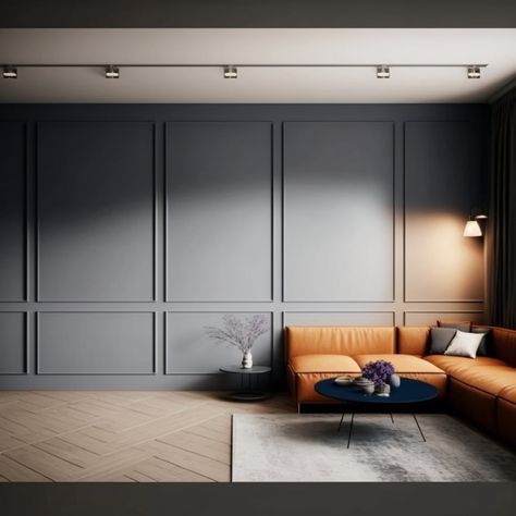 Wide Wall Paneling, Navy Wall Molding, Panel Wall Behind Sofa, Wall Trim High Ceiling, Large Accent Wall Living Room Vaulted Ceiling, Office Wall Molding, Modern Waynes Coating, Modern Wall Trim Ideas, Modern Trim Moldings