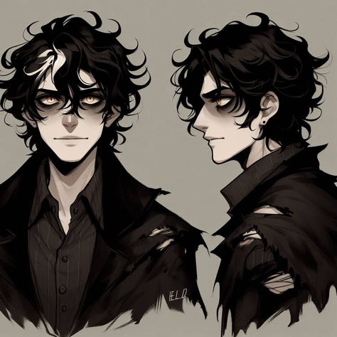 Edgy Character Design Male, Male Oc Ideas Character Design, Male Oc With Glasses, Character Design Male Black Hair, Possessed Character, Nonbinary Character Art, Black Hair Oc Male, Antagonist Character Design, Older Male Oc