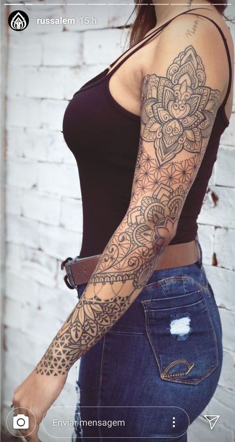 Tatoos Woman Back Mandala, Full Sleeve Mandala Tattoos Women, Tatoos Woman Mandala, Sleeve Mandala Tattoos For Women, Henna Style Sleeve Tattoo, Feminine Tattoo Sleeves Spiritual, Mandala Arm Sleeve Tattoos For Women, Womens Geometric Sleeve Tattoo, Sleeve Tattoos For Women Geometric