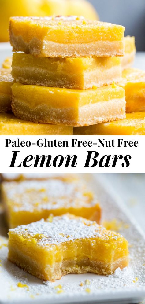 Paleo Lemon Bars, Lemon Curd Dessert, Nut Free Desserts, Whole 30 Dessert, Gluten Free Lemon Bars, Grain Free Desserts, Lemon Custard, Paleo Recipes Dessert, Nut Free Recipes