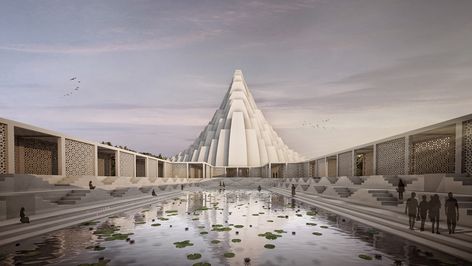 A Fairy Tale Temple in India Will Soon Become a Reality Modern Temple Architecture, Temple Architecture Design, Modern Temple Design, Sunken Temple, Modern Temple, Sanjay Puri Architects, Sanjay Puri, Temple Ideas, Iskcon Temple