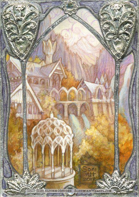 Sketch card of the valley of Rivendell. 2.5 x 3.5 inches, materials include acrylics, pearl paints, liquid silver, pure silver leaf, pewter filigree, and crystals. White Tree Of Gondor, History Of Middle Earth, Elf Drawings, Minas Tirith, Middle Earth Art, Pearl Paint, Lotr Art, Liquid Silver, Landscape Sketch