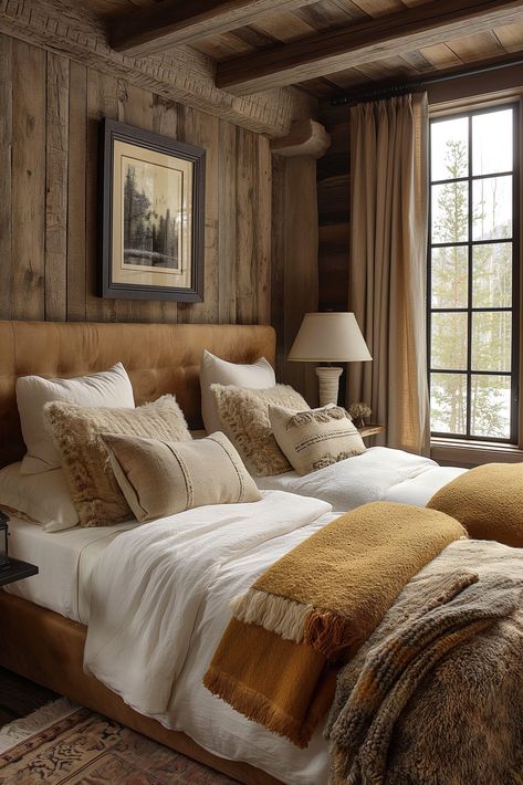 Rustic Bedroom Ideas - Remodr Luxury Rustic Bedroom, Cowboy Cabin, Mountain Interior Design, Log Bedroom, Rustic Bedroom Ideas, Lodge Bedroom, Rustic Comforter, Country Style Bedroom, Rustic Bedroom Design