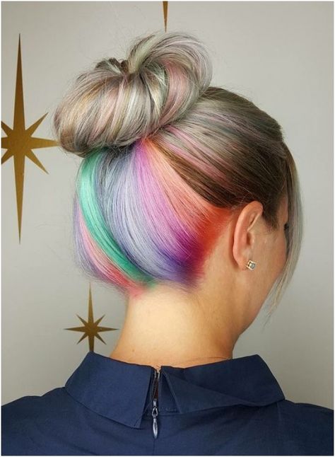 Rainbow hair: 30 crazy rainbow hair color inspirations - #hairstyles #uneven #hair #underneath #dyed hairstyles for underneath dyed hair Hidden Rainbow Hair, Hidden Hair Color, Pastel Rainbow Hair, Peekaboo Hair Colors, Underlights Hair, Hair Color Underneath, Peekaboo Hair, Rainbow Hair Color, Hair Color Crazy