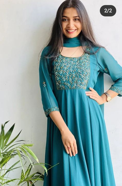 Georget Anarkali, Square Neck Kurti, Kurtha Models, Pitch Color, Anarkali Design, Handwork Designs, Pitch Colour, Jacket Style Kurti, Dress Designs For Stitching