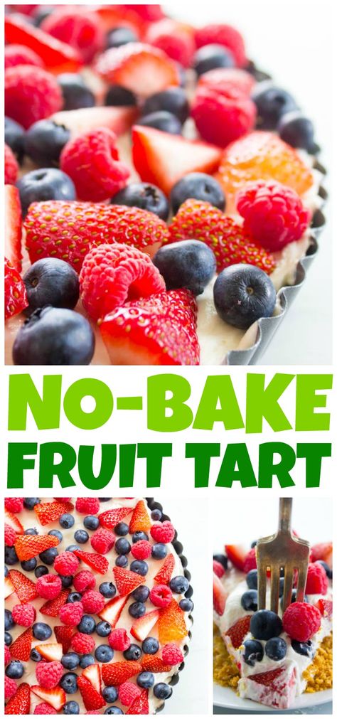 Insanely delicious & easy this Simple No-Bake Fruit Tart is made with an almond graham cracker crust, cream cheese filling, then topped with fresh fruit. No Bake Fruit Tart, Fruit Tart Recipe Easy, Easy Fruit Tart, Cook Desserts, Fresh Fruit Desserts, Bake Sweets, Fresh Fruit Tart, Fresh Fruit Cake, Fruit Tart Recipe