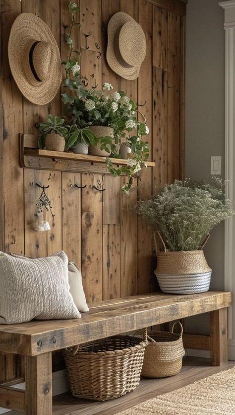 Chic Boho Living Room, Rustic Home Interiors, Rustic Entryway, Mudroom Decor, Home Entrance, Home Entrance Decor, 자수 디자인, Wooden Bench, Entrance Decor