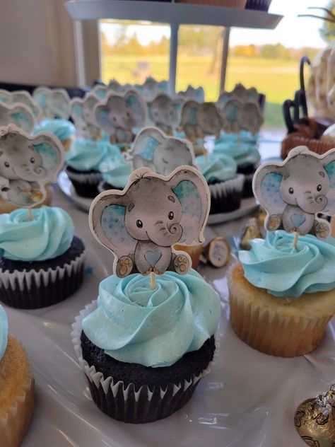 Picks purchased on Amazon. Local baker made cupcakes and with them being 'no frills' they saved a little dough 😁 Elephant Theme Cupcakes, Cupcake Baby Shower Boy, Dessert Baby Shower Ideas, Elephant Dessert Table, Baby Shower Boy Cupcakes, Baby Shower Elephant Theme Boy, Elephant Baby Shower Theme Boy, Baby Shower Cupcakes For Boy, Elephant Cupcakes