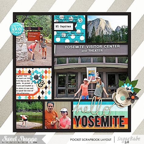 Hello-Yosemite Digital Pocket Style Scrapbook Layout. Credits - Life Is Bittersweet by Amanda Yi at Sweet Shoppe Designs and EZ Albums v.10 by Erica Zane at Sweet Shoppe Designs. Yosemite, teen, grid, word art, flowers, journaling, family, summer vacation Trip Scrapbook, Scrapbook Examples, Book Layouts, Pocket Page Scrapbooking, Style Scrapbook, Travel California, Vacation Scrapbook, Family Summer, Digi Scrapbooking