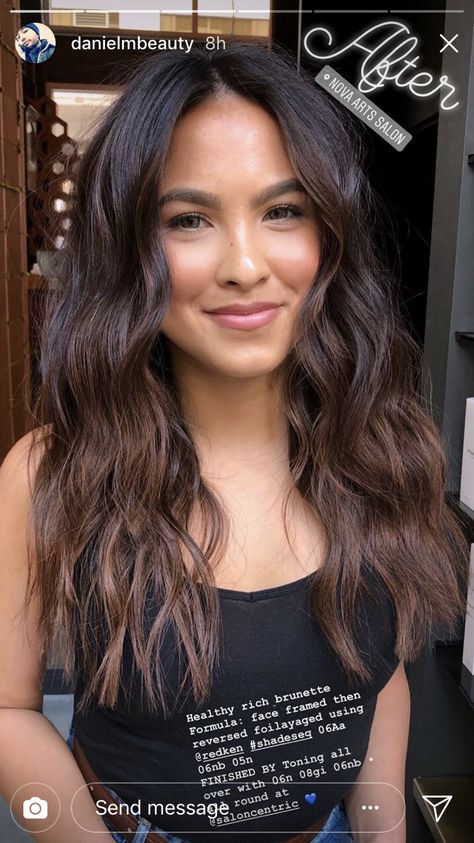 Dark Brunette Partial Highlights, Brown Hair Partial Foil, Brunette Hair Cool Skin Tone, Dark Brunette Partial Balayage, Brunette Hair No Bleach, Hair Glaze Brunette, Toner For Black Hair, Deminsional Brunette Hair, Dark Brown Summer Hair