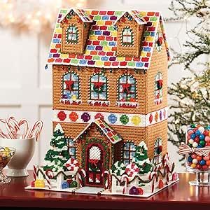 Plastic Canvas Gingerbread House Pattern, Gingerbread House Embroidery, Plastic Canvas Gingerbread House, Cross Stitch Gingerbread House, Braided Garland, Plastic Canvas House, Canvas Door Hanger, Rainbow Tile, Stamped Embroidery Kit