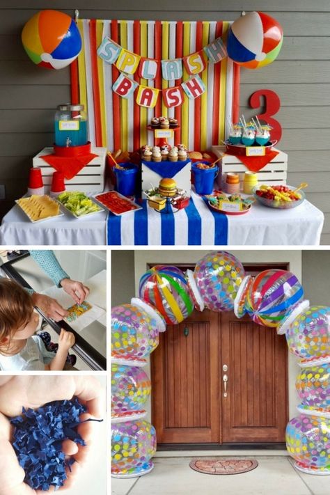 Summer Kids Party Ideas, Splish Splash Birthday Bash, Ball Arch, Kids Pool Party Birthday, Splish Splash Party, Water Birthday Parties, Beach Ball Birthday, Beach Ball Party, Beach Theme Birthday