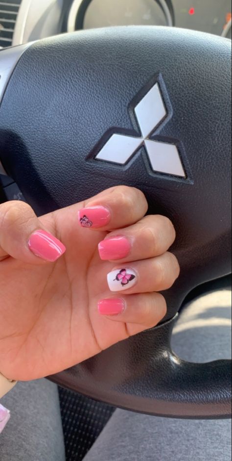 #dippowdernails #butterfly #pink #nails Nails Pink With Butterfly, Butterfly Nails Dip Powder, Hot Pink Butterfly Nails, Light Pink Nails Butterfly, Pink Butterfly And Flower Nails, Dip Powder Nails, Dip Powder, Dipped Nails, Powder Nails