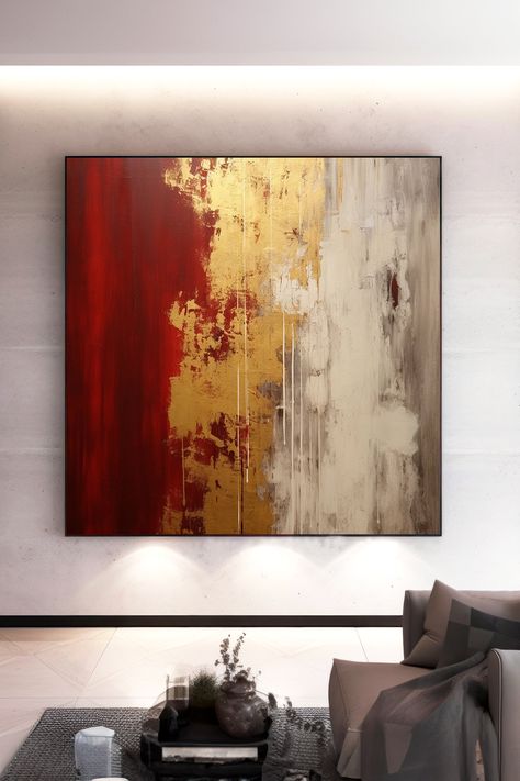 Original handmade abstract painting with deep red, gold, and white tones; textured brushstrokes create a dramatic and luxurious wall art piece Red And Gold Abstract Painting, Red Painting Aesthetic, Gold Abstract Wall Art, Gold Abstract Painting, Color Wonder, Red Painting, Modern Abstract Painting, Abstract Painting Acrylic, Gold Paint