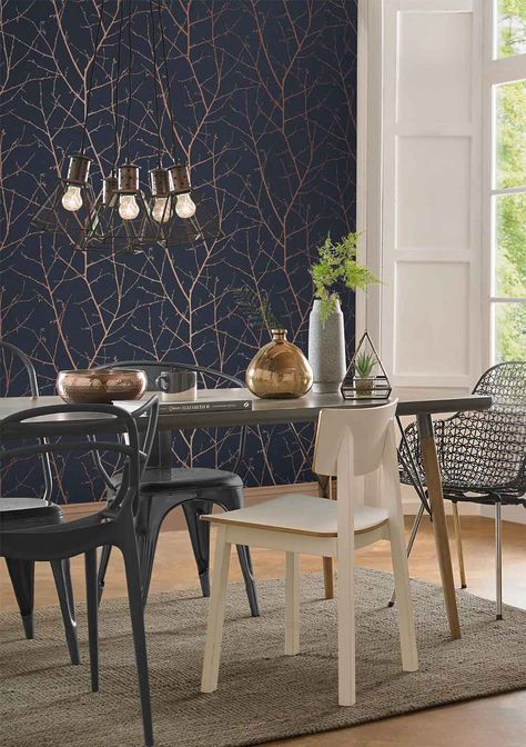 Geo Wallpaper, Statement Wallpaper, Transitional Dining Room, Transitional Dining, Navy Wallpaper, Graham & Brown, Metallic Wallpaper, Brown Wallpaper, Wallpaper Direct