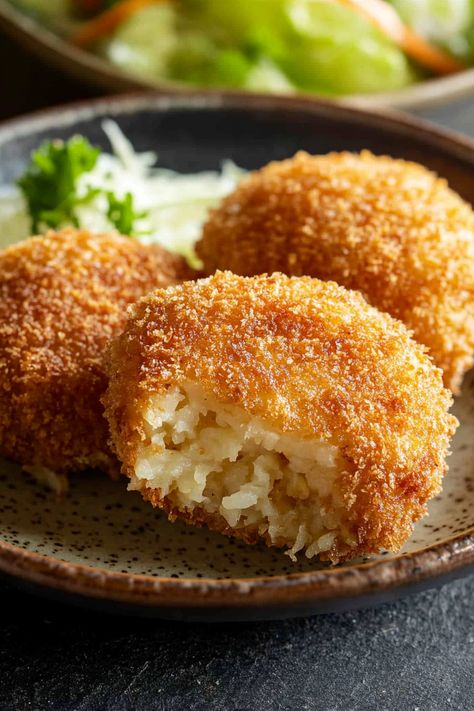 Crispy Korokke - Japanese Potato Croquettes Mashed Potatoes Croquettes, Korean Croquettes, Japanese Potato Recipe, Japanese Potato Croquettes, Potato Croquettes Recipe, Potato Croquette, Potato Croquette Recipe, Japanese Potato, Croquettes Recipe