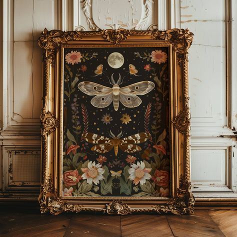 Enhance your celestial decor with this exceptional matte poster print crafted with precision and care, and designed exclusively by Madelyn Jane Creates. Inspired by master artists such as William Morris, Walter Crane, and Gustav Klimt, this vintage style print is an exceptional piece of wall art that will compliment your home or office. Perfectly capturing the essence of majestic moths under a full moon, this quality print makes a great gift for yourself, or the witchy decor lover in your life! Vintage Art Display, Whimsigoth Art Prints, Hufflepuff Home Decor, Witchy Mantel Decor, Vintage Gallery Wall Family Photos, Classy Goth Home Decor, Witchy Home Ideas, Witchy Wall Art Diy, Witchcore Home Decor