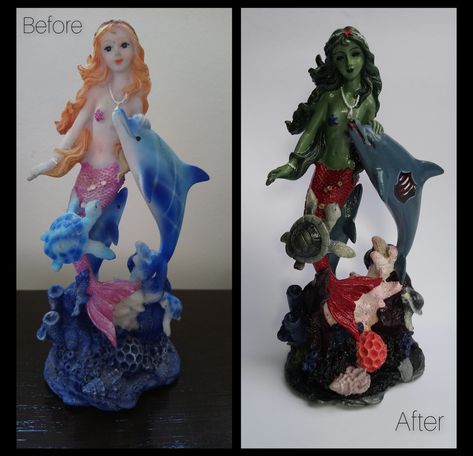 Repurposed Figurines, Goth Decorations, Zombie Mermaid, Statue Painting, Mermaid Statue, Mermaid Statues, Mermaid Figurine, Crafts Painting, Fantasy Horror