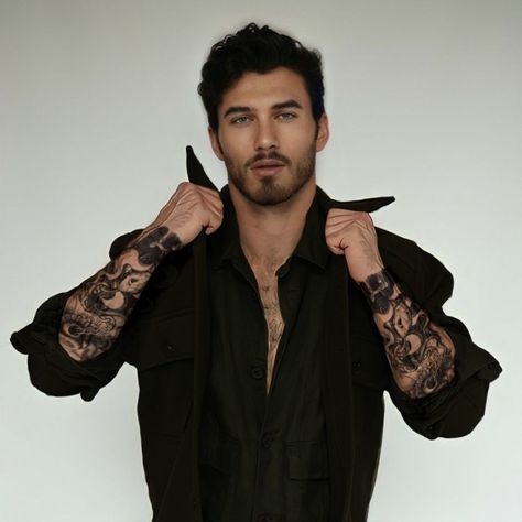 Men With Black Hair And Tattoos, Tattooed Dark Haired Men, Dark Hair Actors Male, Dark Hair And Tattoos Man, Man Dark Hair Green Eyes, Heavily Tattooed Man, Black Hair Tattoos Men, Tattooed Man In Suit, Handsome Dark Haired Men