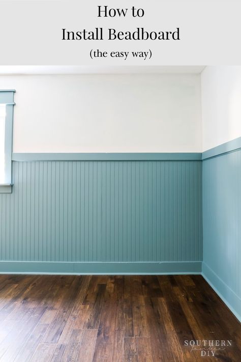 How to Install Beadboard the Easy Way Beadboard Installation Tips and Tricks, Install Beadboard Wainscoting in 5 Simple Steps #beadboard #wainscoting #accentwall #woodtrim #howtocutanoutlet #roommakeover #bluebeadboard #beadboardpaintcolors #bluepaintcolors Diy Bathroom Beadboard, How To Bead Board Wall, How To Wainscoting, Wallpaper And Beadboard Bedroom, Bead Board Board And Batten, Beadboard Half Wall Basement, Board And Batten Beadboard, Beadboard In Kitchens, How To Beadboard Walls