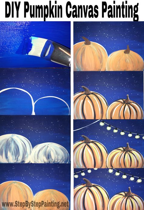 Learn how to paint these pumpkins with acrylic paint on canvas. Free online tutorial at stepbysteppainting.net! How To Paint Pumpkins, Pumpkin Canvas Painting, Paint Pumpkins, Painting Pumpkins, Painting Instructions, Fall Canvas Painting, Pumpkin Canvas, Fall Canvas, Canvas Painting Tutorials