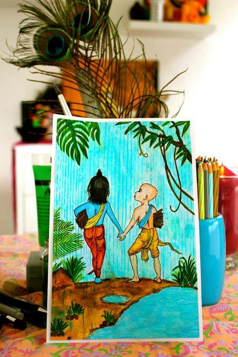 Krishna -sudama .. divine friendship Watercolors on paper Krishna Sudama Painting, Krishna Sudama Friendship Drawing, Krishna And Sudama Drawing, Krishna And Sudama Friendship, Krishna Sudama Friendship Images, Krishna Friendship, Divine Friendship, Krishna Sudama, Friendship Paintings