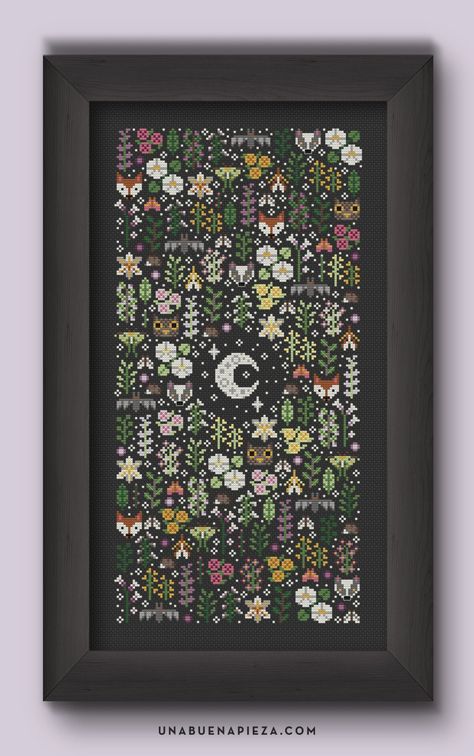 Woodland Cross Stitch, Gothic Cross Stitch, Garden Cottagecore, Gladioli, Gothic Cross, Gothic Crosses, Night Garden, Moon Flower, Back Stitch