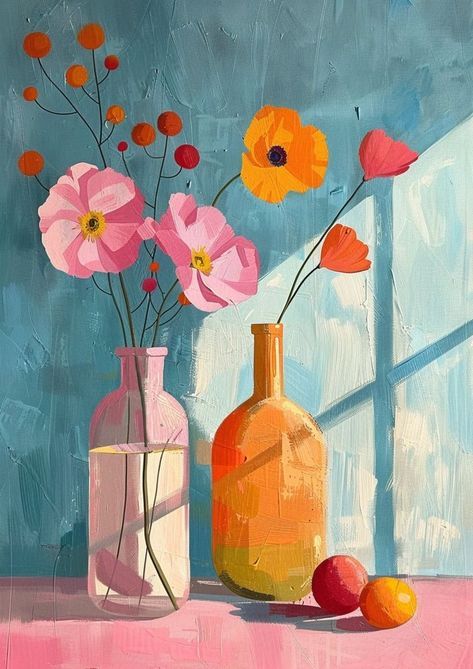 Rendering Art Style, One Color Illustration, Crazy Paintings, Paintings For Wall Decor, Cheerful Painting, Vase Illustration, Paintings Flowers, Pastels Art, Cheerful Art