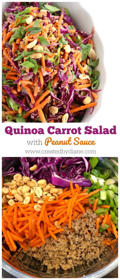 quinoa carrot salad with peanut sauce www.createdbydiane.com #lowcarb #salad #partyfood #vegetarian Cold Quinoa Salad, Carrot Salad Recipes, Vegetarian Cabbage, Cold Salad, Carrot Salad, Peanut Sauce, Quinoa Recipes, Vegan Salad, Quinoa Salad