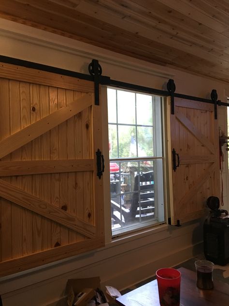 Barn Door Window Shutters Indoor, Sliding Window Shutters Indoor, Sliding Barn Door With Window, Barn Door Shutters Indoor, Rustic Window Treatments Farmhouse Style, Barn Door Window Covering, Barn Door With Glass, Window Shutters Indoor, Shutters Indoor