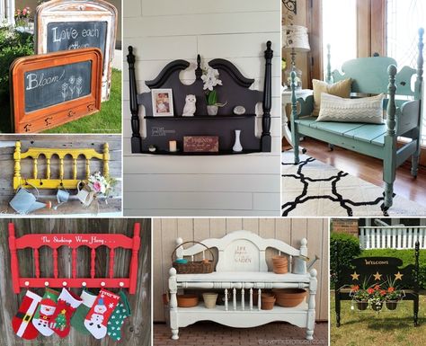 What To Do With Old Headboards? - WhatToDoWithOld Upcycle Headboard, Bathroom Tower, Headboard Crafts, Christmas Stocking Hanger, Repurposed Headboard, Iron Headboard, Old Headboard, Christmas Stocking Hangers, Big Moon