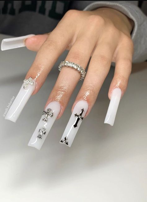 Nails 2023 Trends Gems, Long French Nail Designs, Long White Nails With Designs, Cute Nails Acrylic, Tapered Square, Drip Nails, Edgy Nails, Glow Nails, Long Acrylic Nails Coffin