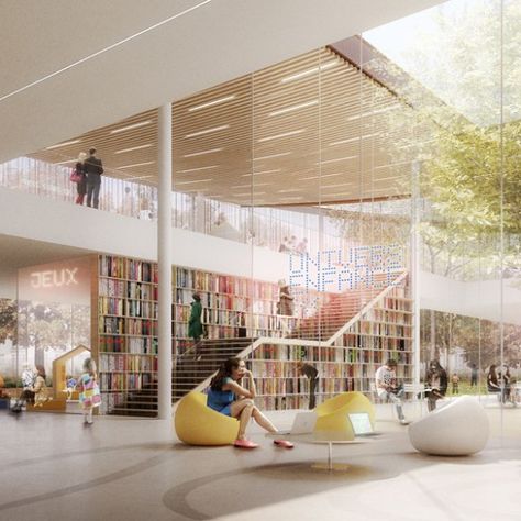 Media Library Sainte-Geneviève-des-Bois, Calmm architecture + Archi 5 « Beta Architecture Library Atrium Architecture, Courtyard Library Architecture, Courtyard Stairs, Underground Library, Stair Bookshelf, Flux Design, Public Library Design, Library Architecture, Construction Documents