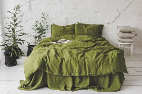 Bed Linen Set Washed Linen Bedding Duvet Cover With | Etsy Green Linen Bedding, Linen Bedding Natural, Green Duvet, Green Duvet Covers, Bedding Duvet, Cotton Bedding Sets, Boho Bedding, Quilted Duvet, Redecorate Bedroom