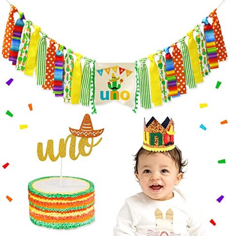 Fiesta Birthday Party Decorations, Uno Cake, Paper Tassel Garland, First Fiesta, Birthday Highchair, Fiesta Birthday Party, Birthday Photo Banner, Mexican Party Theme, First Birthday Party Decorations