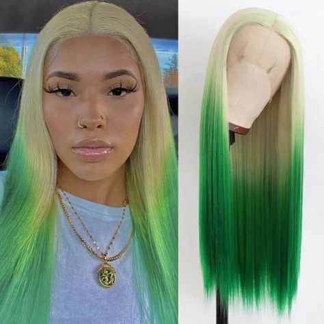 Long Straight T Part Lace Front Wigs Blonde to Green Synthetic Wig Glueless Soft Wigs Blonde, Wig Styling, Glueless Wig, Synthetic Wig, Styling Tools, Synthetic Wigs, Synthetic Fiber, Lace Front Wigs, Lace Front