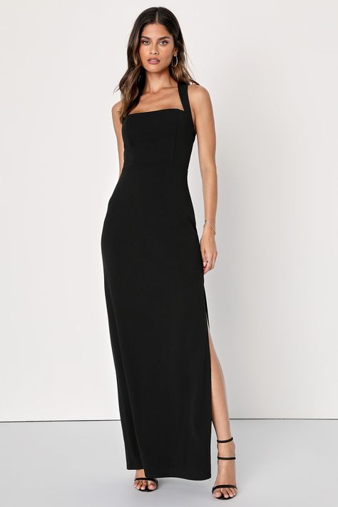 Sexy Black Maxi Dress - Column Maxi Dress - Sleeveless Dress - Lulus Black Formal Dress Long Classy, Ring Dance Dresses, Column Skirt, Black Dress Formal, Black Bridesmaid Dresses, Square Neck Dress, Column Dress, Maxi Dress Blue, Tie Dress